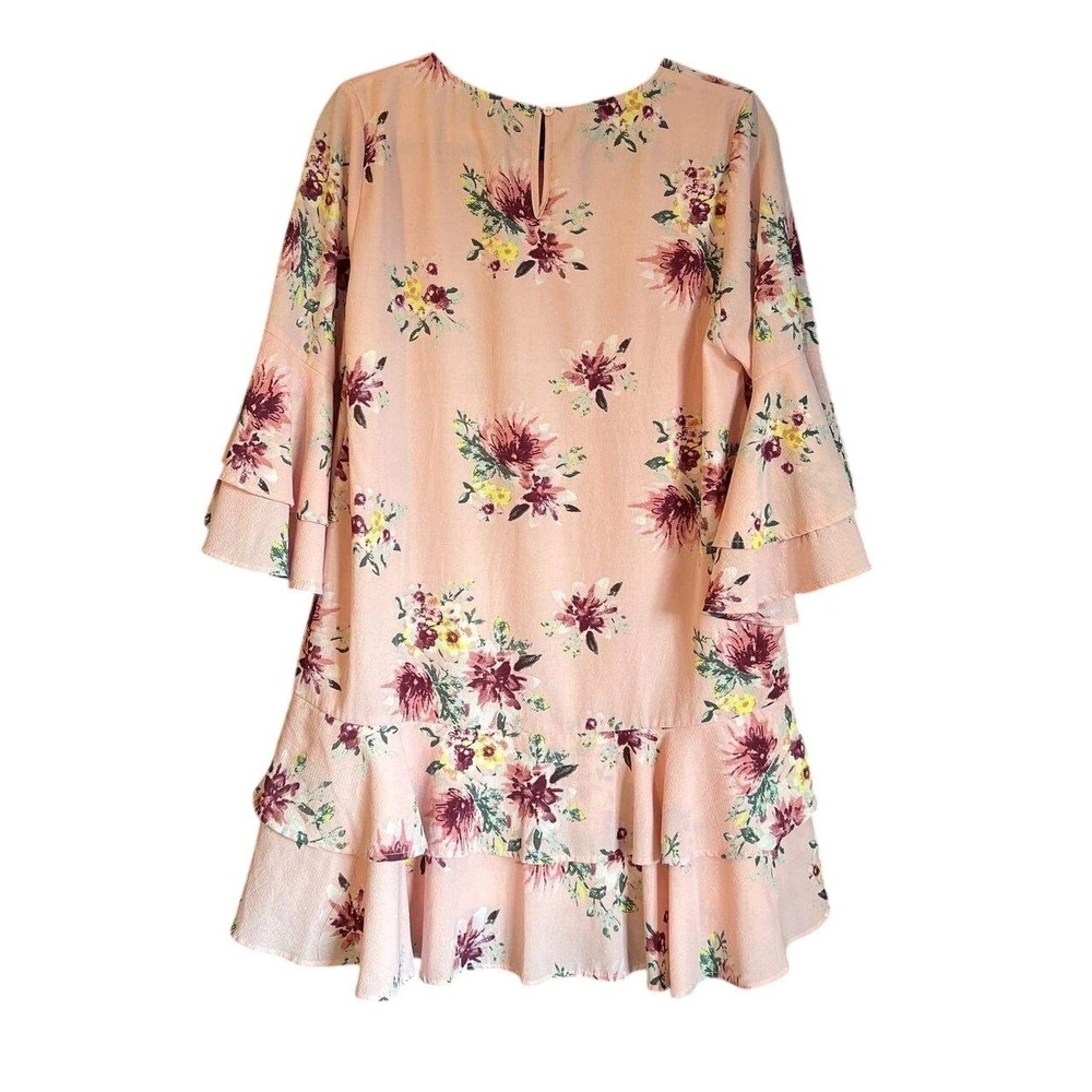 Women Pink Floral Tiered Ruffle Bell Sleeve Mini Shift Dress Large Romantic Boho - Picture 2 of 7